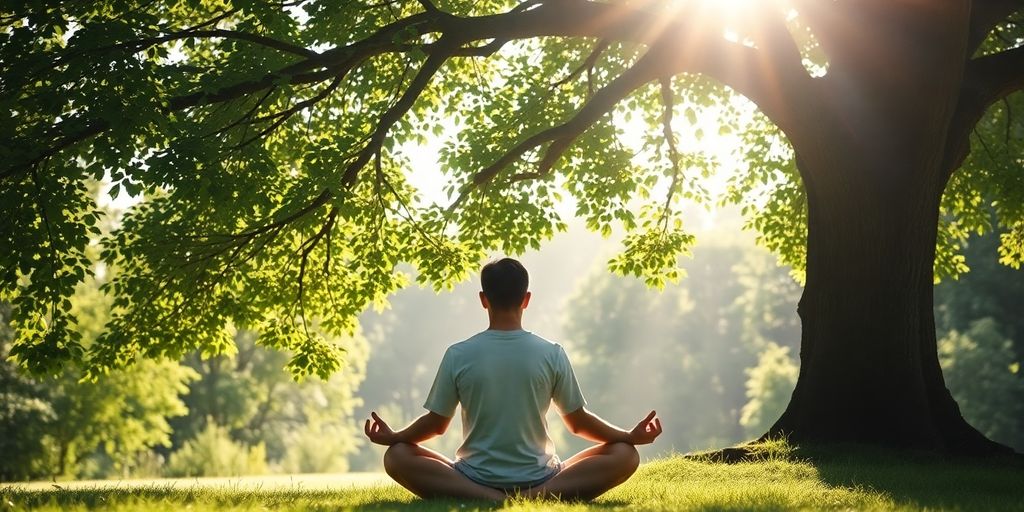 Person meditating under a tree in a serene nature setting.