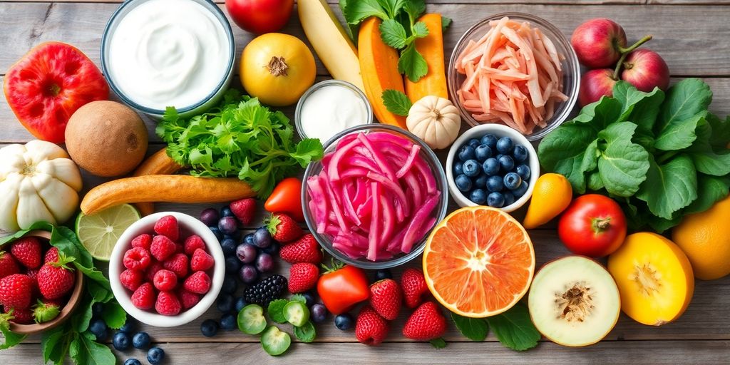 Colorful fruits, vegetables, and fermented foods for gut health.