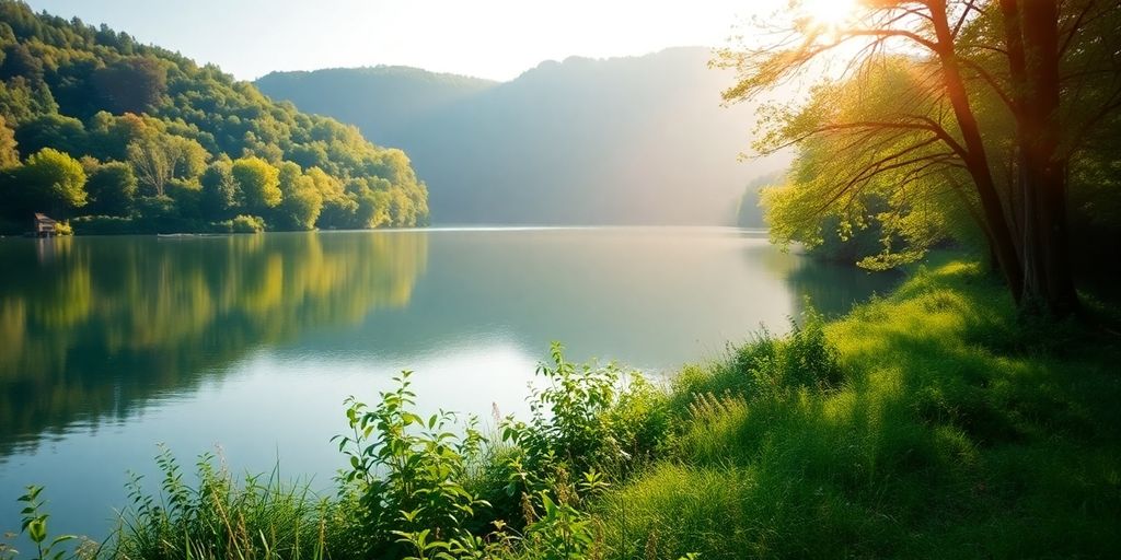 Serene lake surrounded by green trees and sunlight.