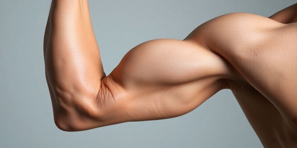 Close-up of a flexing bicep muscle showing tension.