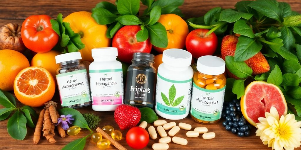 Colorful natural supplements on a wooden background.