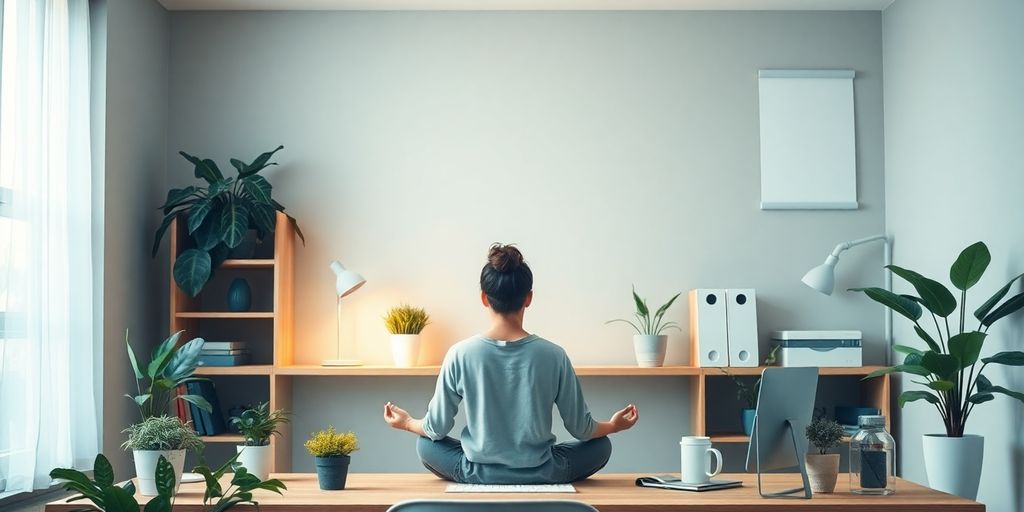 A peaceful workspace with a person practicing mindfulness.