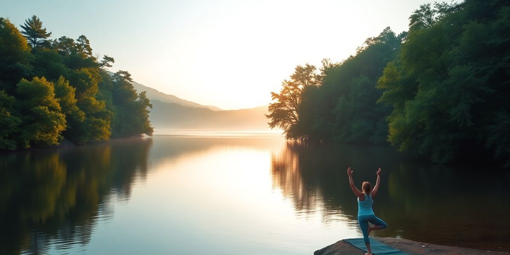 Person practicing yoga by a calm lake at sunrise.
