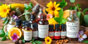 Variety of homeopathic remedies on a wooden table.