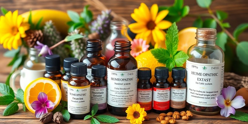 Variety of homeopathic remedies on a wooden table.