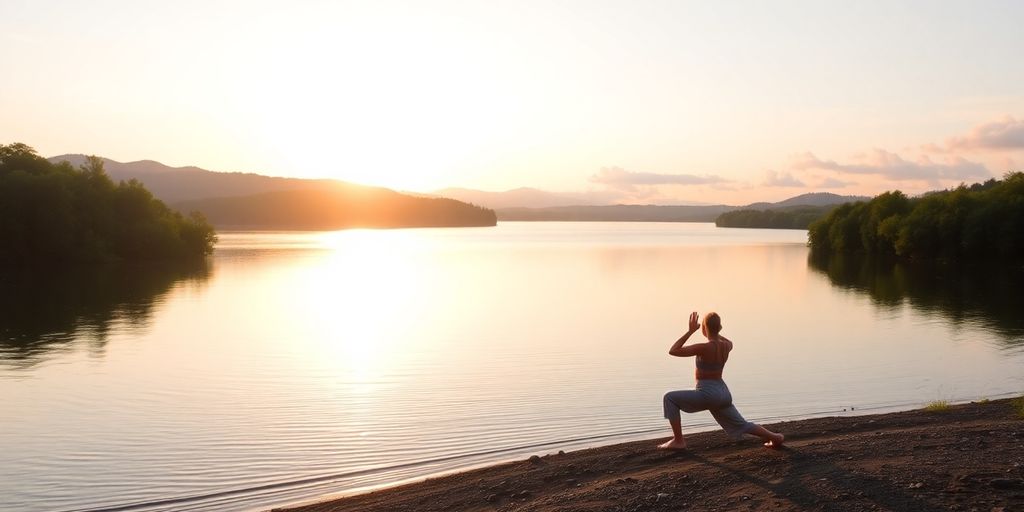 Person meditating by a calm lake at sunrise.