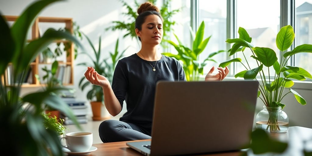 Person meditating in a peaceful office space.