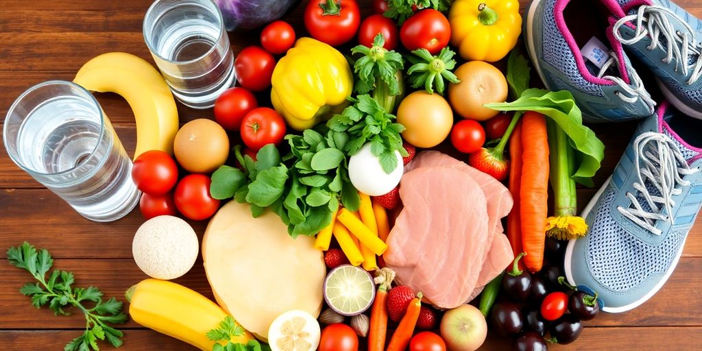 Colorful healthy foods and active lifestyle elements on table.
