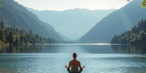 Person meditating by a calm lake in nature.