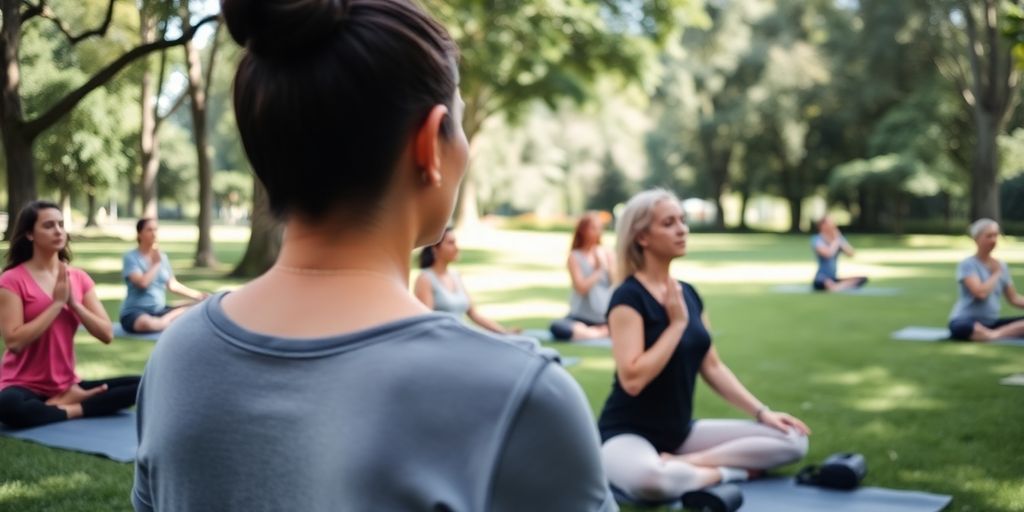 Adults practicing yoga and meditation in a peaceful park.