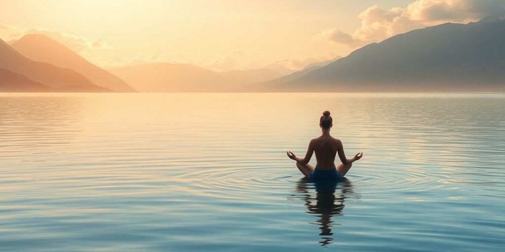 A peaceful landscape with calm water and mountains.