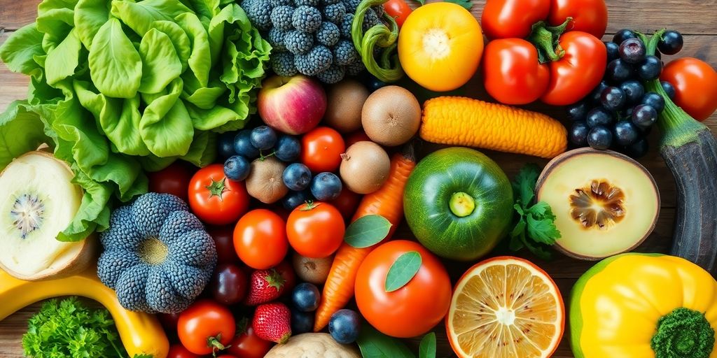 Colorful fruits and vegetables promoting gut health on wooden table.