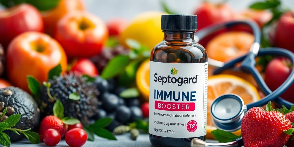 Bottle of Septogard with fruits and herbs for immunity.