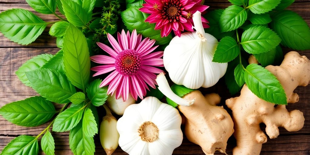 Colorful herbs for boosting the immune system on wood.