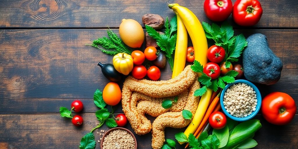 Colorful healthy foods promoting strong digestive health.