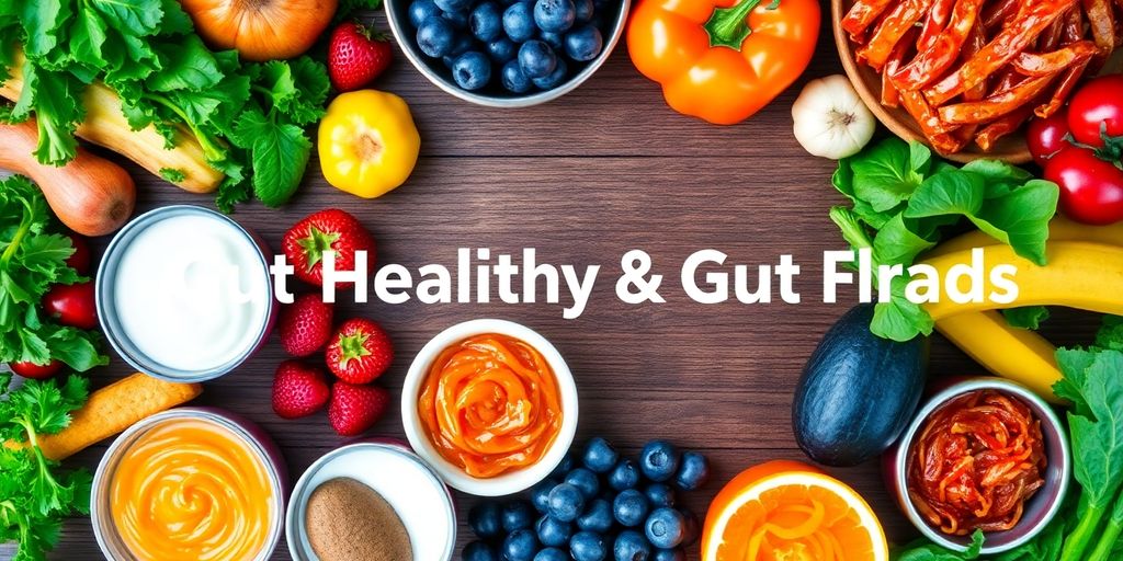 Colorful fruits and vegetables promoting gut health and wellness.