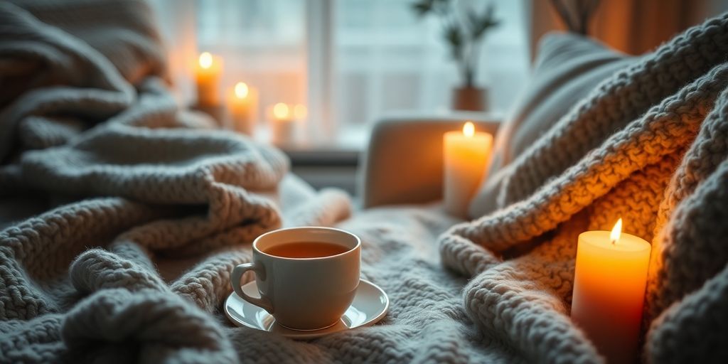 Cozy setup with tea, blankets, and soft lighting.