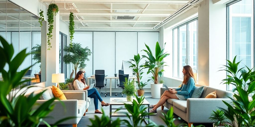Calm office space with plants and relaxed employees.