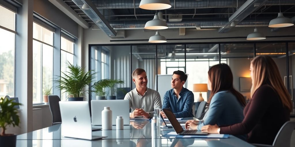 Leader managing team in a calm, modern office setting.