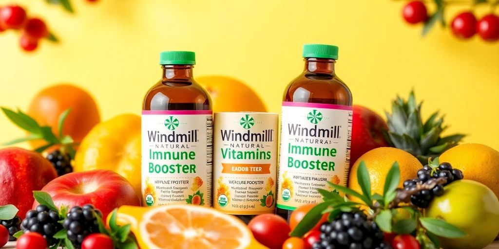 Bottles of natural vitamins with fruits and herbs.