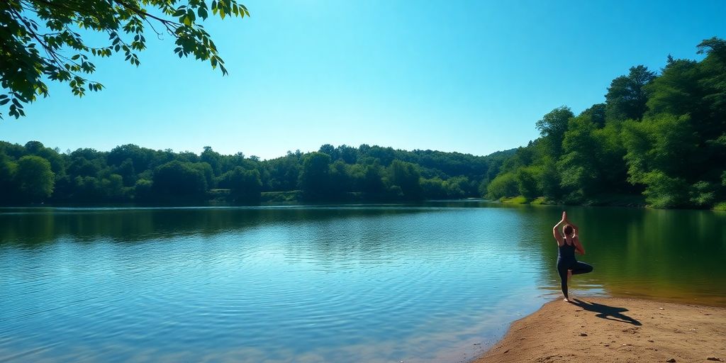 Person practicing yoga by a peaceful lake.