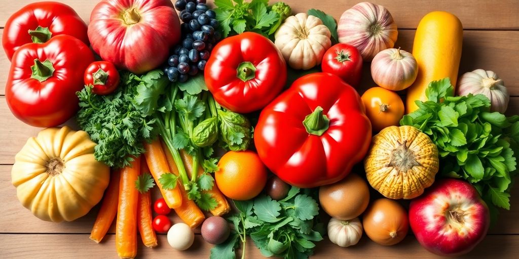 Colorful fruits and vegetables promoting gut health and wellness.