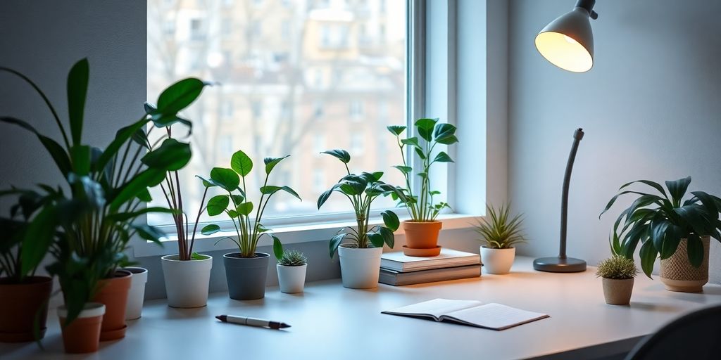 Peaceful workspace with plants and soft lighting.