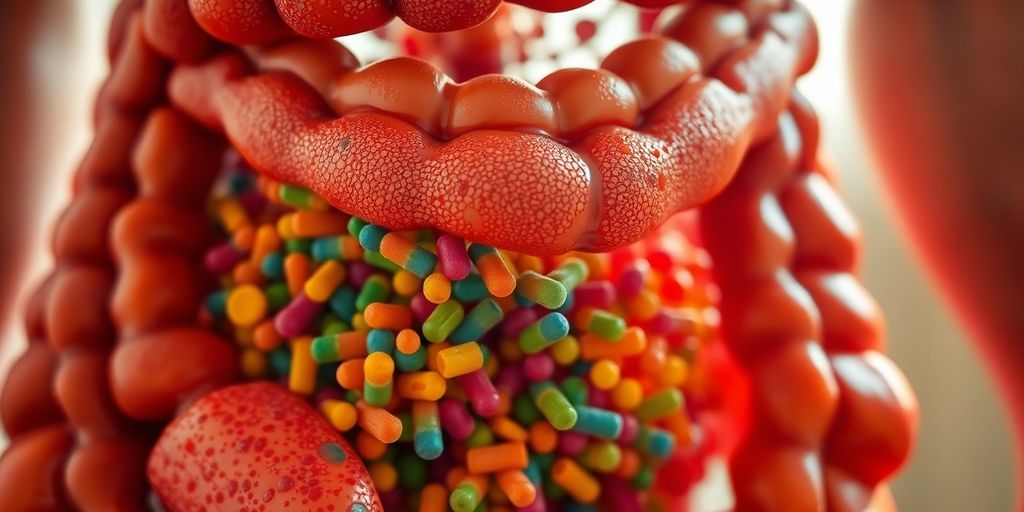 Healthy gut with vibrant, beneficial bacteria inside.
