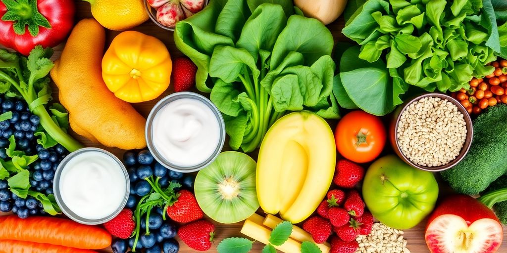 Colorful array of gut-friendly foods on a wooden table.