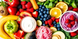 Colorful arrangement of healthy foods for gut bacteria.
