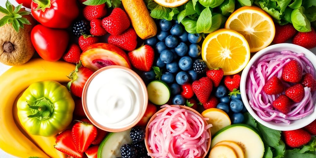 Colorful arrangement of healthy foods for gut bacteria.