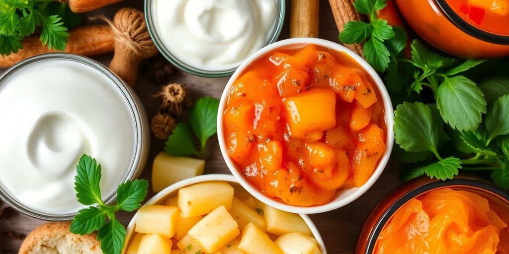 Colorful probiotic foods for improved digestion and gut health.