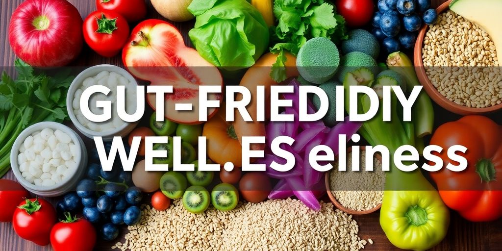 Colorful healthy foods for digestive system health.