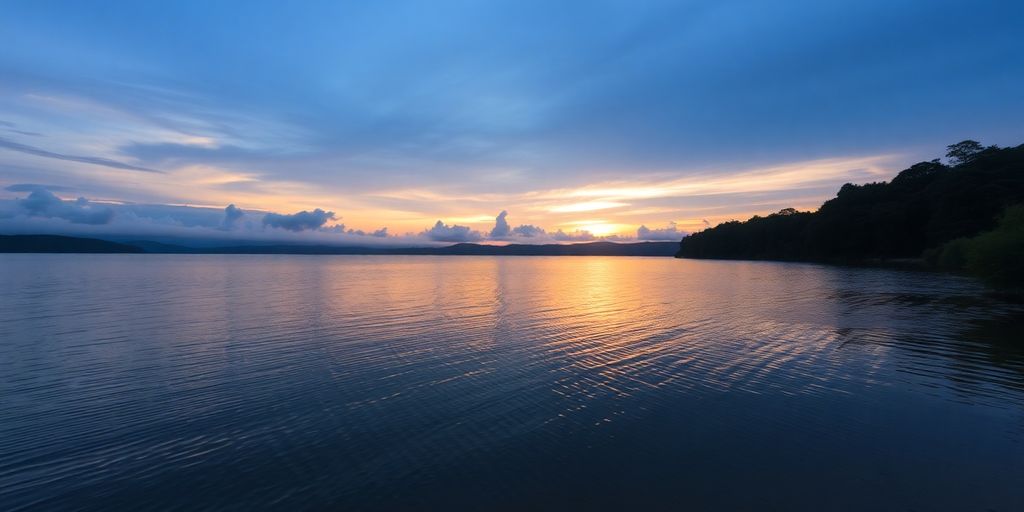 Tranquil lake at sunset surrounded by lush greenery.