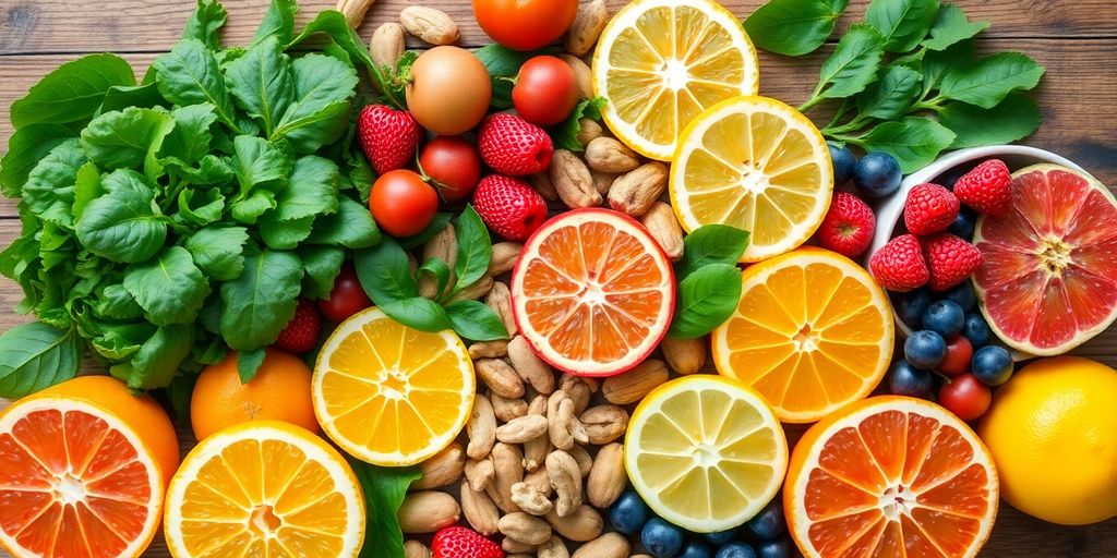 Colorful assortment of immunity-boosting natural foods on table.