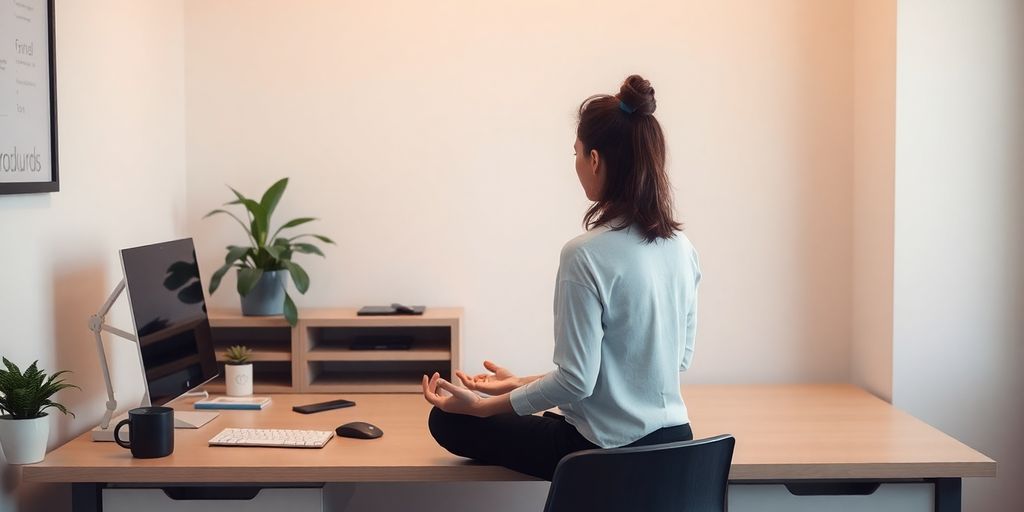Person meditating at a calm and organized workspace.