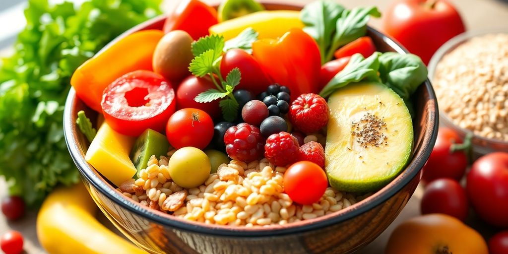 Colorful fruits and vegetables in a bowl for gut health.