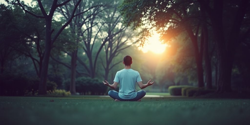 Person meditating in a calm, serene park setting.