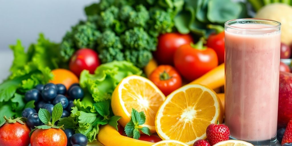Fresh fruits, vegetables, and a probiotic drink for digestion.
