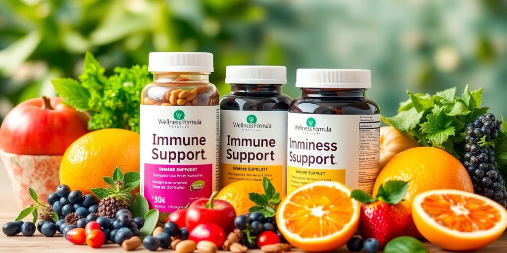 Wellness Formula supplements with fruits and herbs on table.