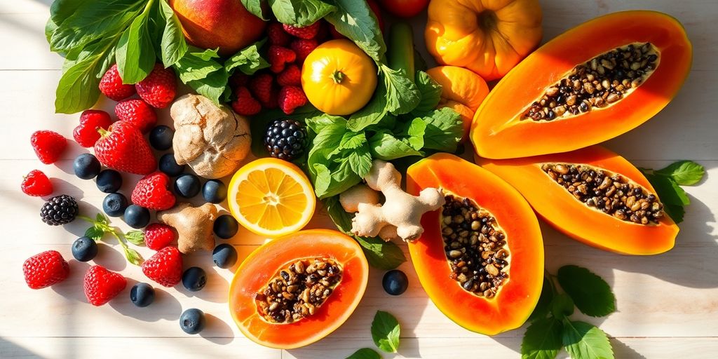 Colorful fruits, vegetables for digestion.