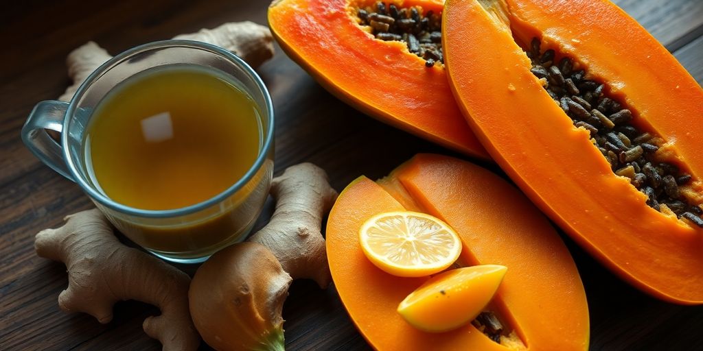 Green tea, ginger, and papaya on a wooden table.