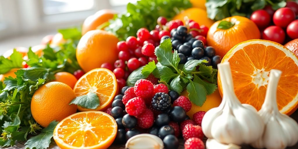 Healthy foods boosting immunity, vibrant colors, natural light