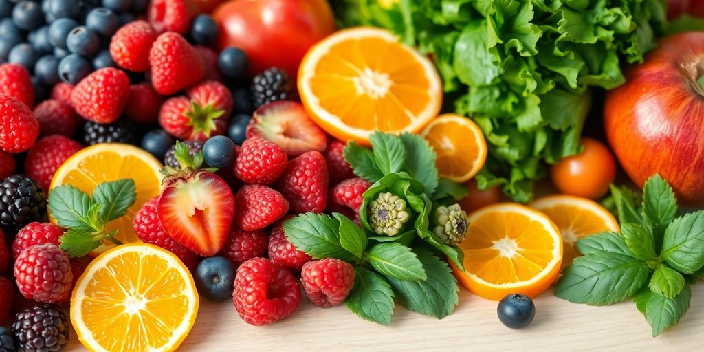 Colorful fresh produce arranged on a rustic wooden table.