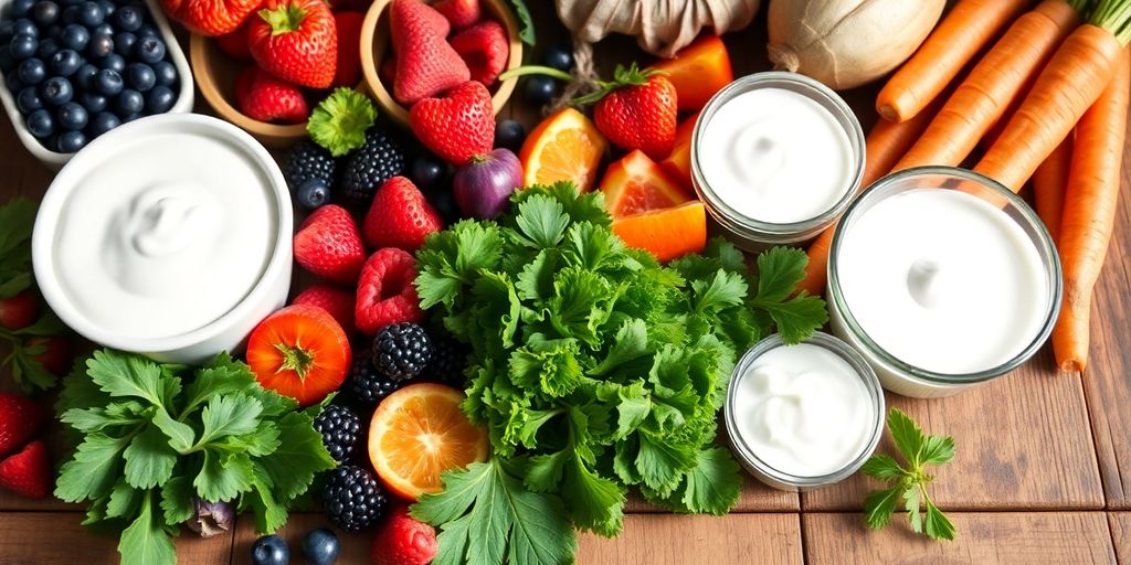 Colorful fruits, vegetables, and probiotics.