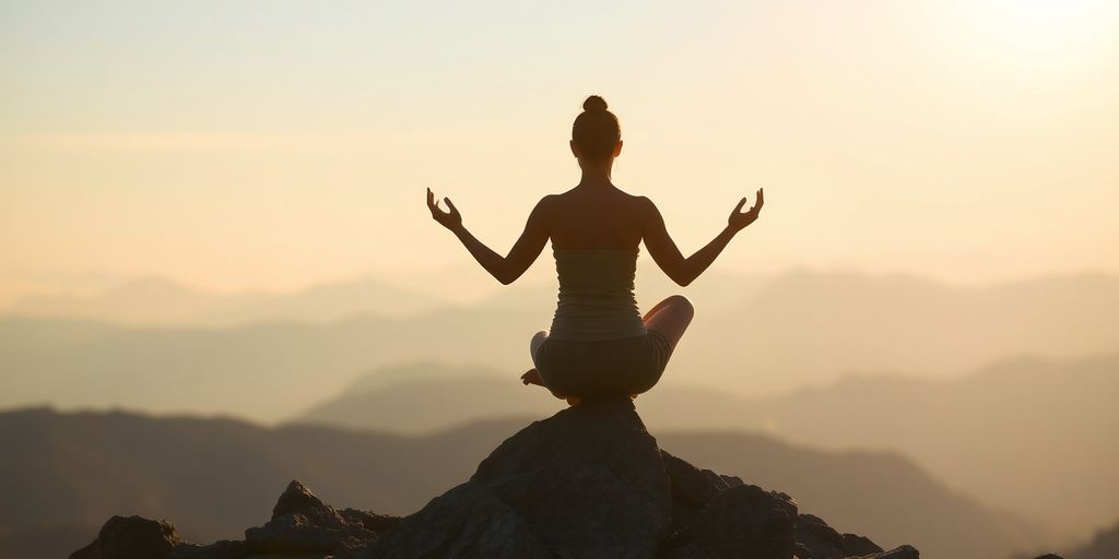 Person meditating on a mountain at sunrise.
