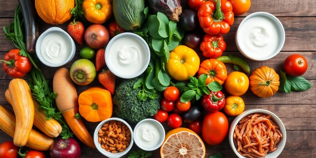 Colorful fruits, vegetables, probiotics on rustic wooden table.