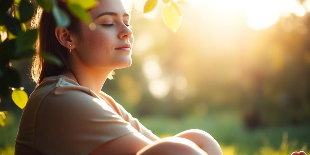 Person meditating peacefully outdoors.