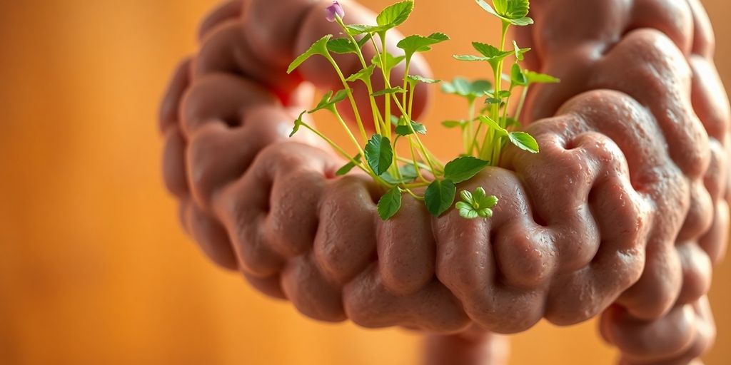 A healthy gut with vibrant green plants and flowers.