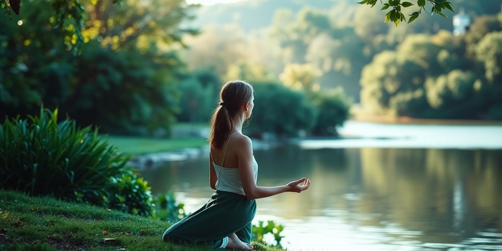 Woman meditating in a serene nature setting.
